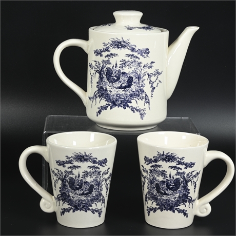 Blue Rooster Teapot and Cups
