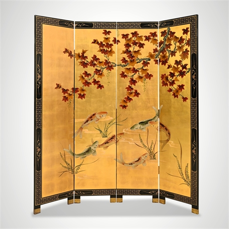 Chinoiserie Gold Leaf Four-Panel Lacquer Screen — Koi & Maple / Bamboo Reverse