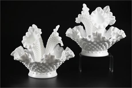 Fenton Milk Glass Hobnail Epergne with 3 Horns