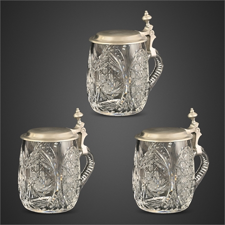 German Cut Crystal Pinwheel Beer Steins with Pewter Lids, Set of 4