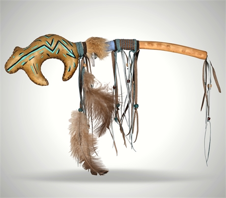 Ceremonial Bear Rattle / Prayer Stick – Wood, Leather, Feathers