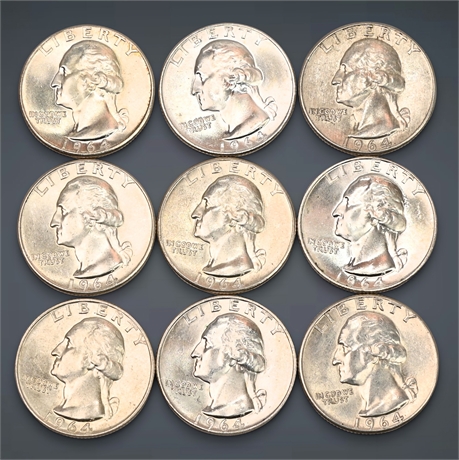 1964 (9) Washington Silver Uncirculated Quarters