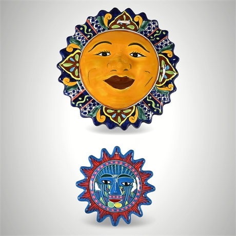Vintage Talavera Wall Hanging Suns — Hand-Painted Mexican Pair