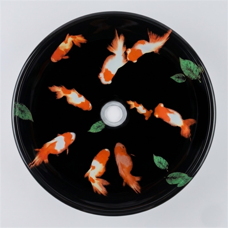 Tempered Glass Vessel Sink — Goldfish & Leaves on Black, 16½" Round