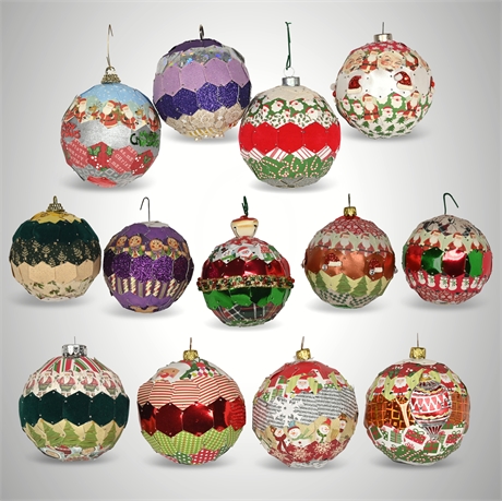 13 Handcrafted Paper, Ribbon, and Fabric Mosaic Christmas Ornaments