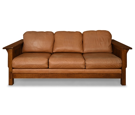 Flexsteel Mission-Style Leather Sofa – Oak Frame, USA Made