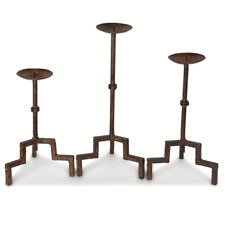 Set of 3 Wrought Iron Pillar Candle Sticks – Zig-Zag Base, Fits 4" Pillars
