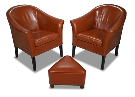 Pair Leather Accent Armchairs With Ottoman
