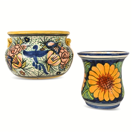 Amora Mexican Talavera Planter Pair — Hand-Painted Floral & Sunflower