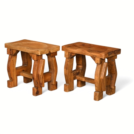 Pair of Ox Yoke (Yugo) Style Stools – Solid Pine, Handcrafted in Mexico