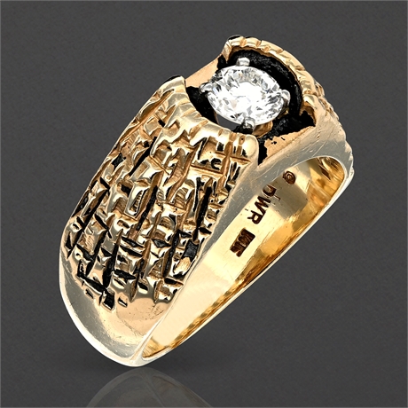 Vintage 14K Gold Textured Ring with 0.75 ct VS2 Natural Diamond – Size 10