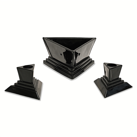Art Deco Black Glass Triangular Console Set — Center Vessel & Candleholder Pair