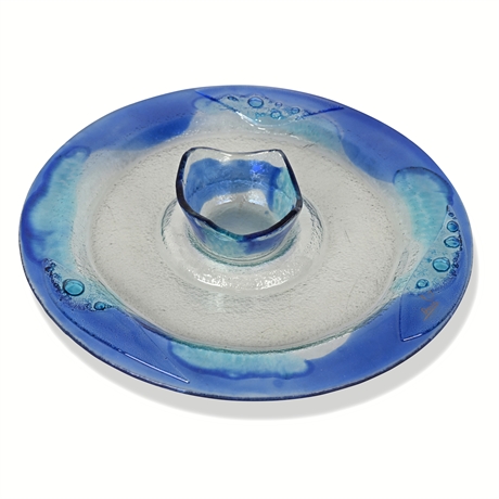 Dolis Israel Ocean-Blue Fused Glass Chip & Dip Platter with Bowl, Signed