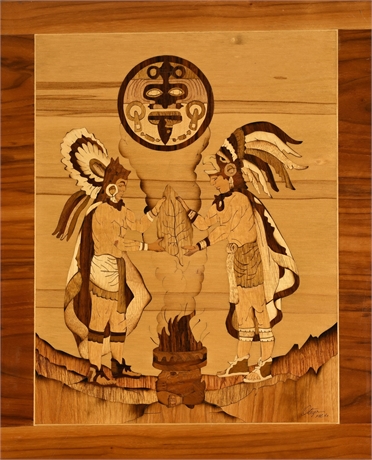 Ortega Mexican Marquetry Wood Inlay Panel, Aztec Tobacco Offering Scene