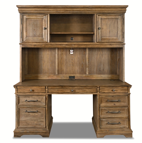 Ashley Janismore H776 Credenza Desk with Hutch – Weathered Gray, LED Lighted