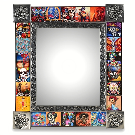 Pressed Tin Mirror with Day of the Dead Tiles