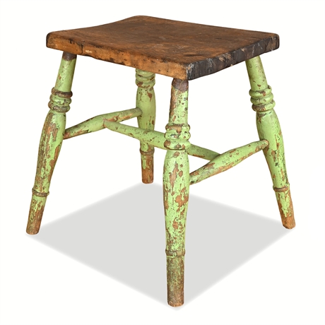 Antique Green-Painted Country Stool, Solid Plank Seat & Turned Legs