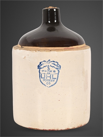 Uhl Pottery Acorn Wares Stoneware Jug w/ Brown Top & Blue Shield Stamp