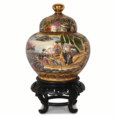 Hand-Painted Chinese Satsuma-Style Moriage Ginger Jar w/ Stand, 8″