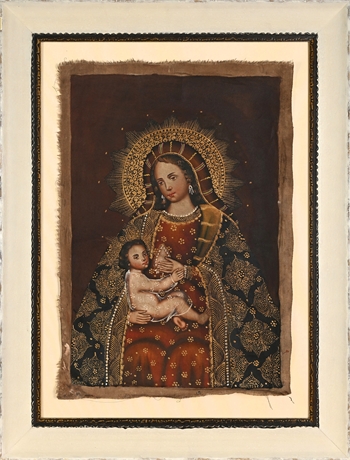 Cuzco School Oil on Canvas Madonna & Child — Gold Mantle, Framed