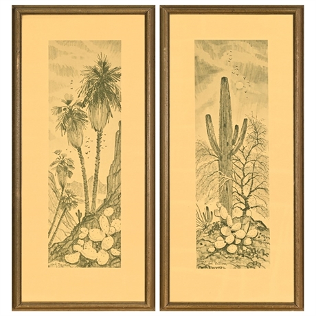 Hal Benson Pair of Desert Landscape Lithographs — Saguaro & Palms