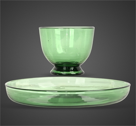 Vintage Chip & Dip Set – Hand Blown Green Glass