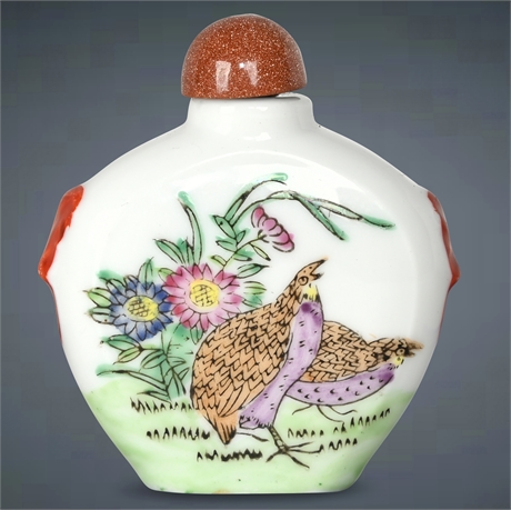 Chinese Hand-Painted Porcelain Snuff Bottle with Druzy Lid