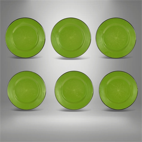 Vintage Set of 6 Apple Green Enameled Steel Dinner Plates with Black Rims