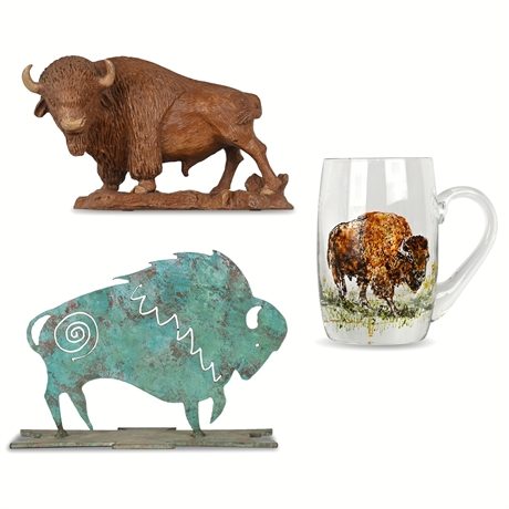 Buffalo-Themed Decorative Trio – Iron Sculpture, Hand-Painted Mug, and Signed Re