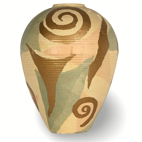 Sonia Krasin 1996 Paper Mache Vase -  Abstract Gold Swirl Design