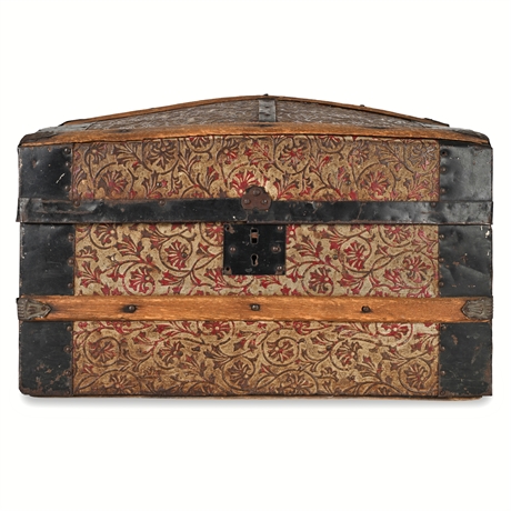 Antique Child’s Dome-Top Trunk, Pressed-Tin Floral, c. 1880–1900
