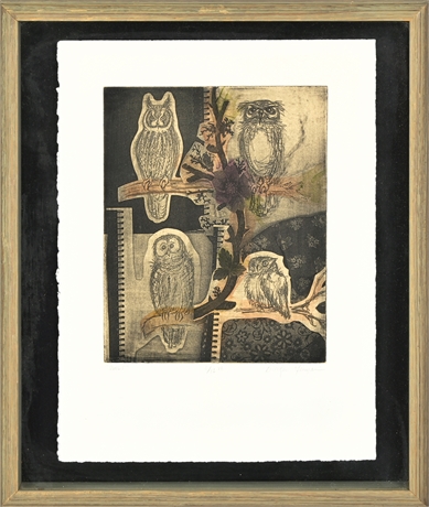 "Owls" Hand-Colored Collage Print