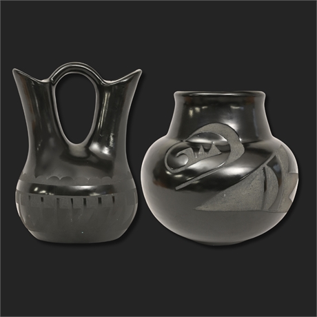 Marvin Blackmore Navajo Black-on-Black Wedding Vase & Attributed Olla — Signed
