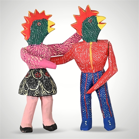 Pair of Oaxacan Alebrijes – Dancing Rooster Figures, Signed Ventura Fabian