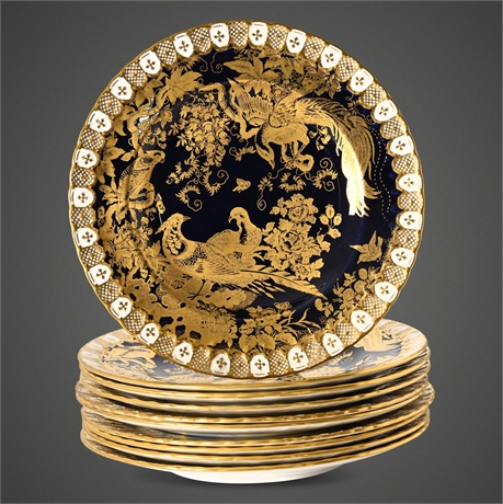 Royal Crown Derby Gold Aves Cobalt 8.5" Plates – Set of 10
