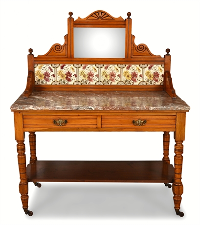 Victorian Marble-Top Washstand with Beveled Mirror & Floral Tile Backsplash