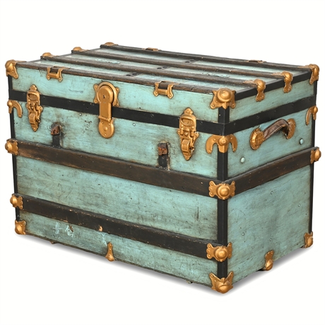 Antique Flat-Top Steamer Trunk on Casters – Gold Tone Hardware