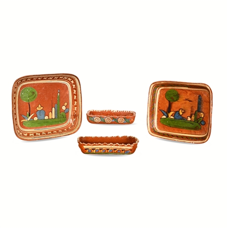 Tlaquepaque Mexican Redware Pottery, Group of 4 Hand-Painted Terracotta Pieces