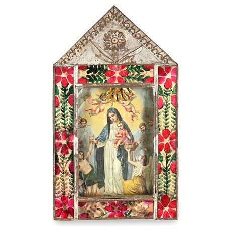 Mexican Tin Nicho, Nuestra Señora de la Luz Chromolithograph, ca. 1900