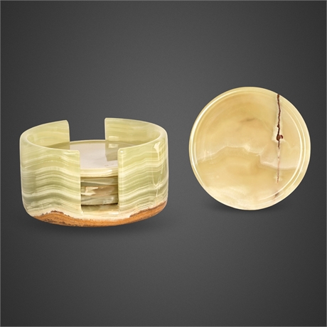 Green Banded Onyx Coaster Set with Solid Carved Holder, Set of 5 + Caddy