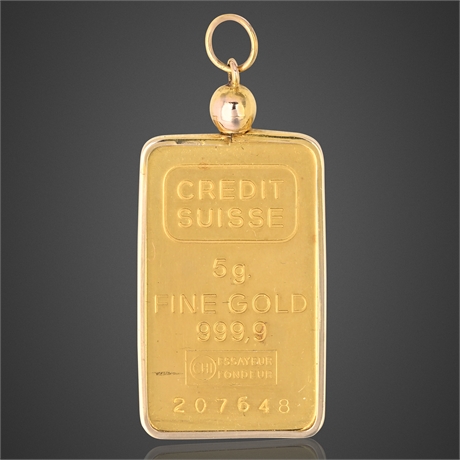 Credit Suisse 5g .9999 Fine Gold Bar Pendant – 14K Bezel, Serial 207648