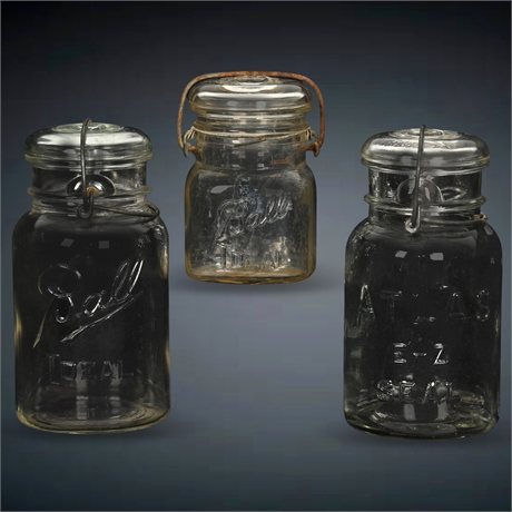 Set of 3 Vintage Glass Jars: Atlas E-Z Seal & Ball Ideal