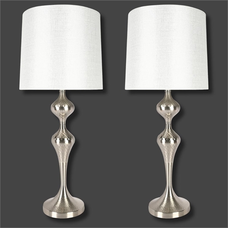 Pair of Hammered Iron Table Lamps with White Shades