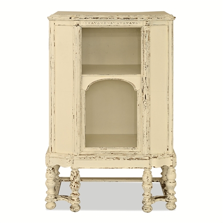Repurposed Antique Radio Cabinet on Turned-Leg Base, Distressed Cream Finish