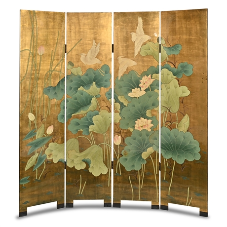 Chinese Gold Leaf Lotus & Crane Floor Screen