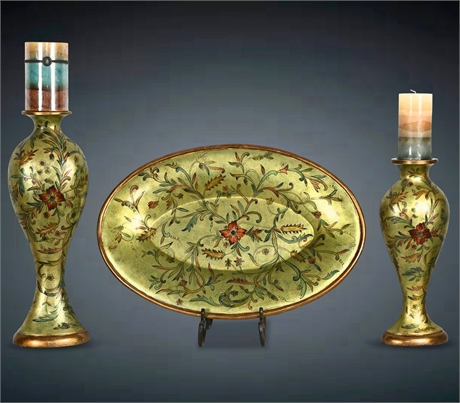 Hand-Painted Oval Charger with Pillar Candle Sticks - 3 Piece Set