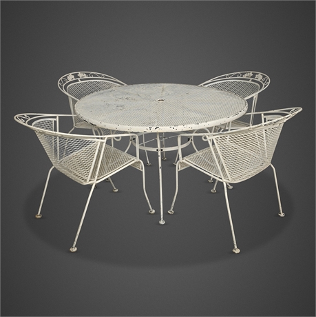 Mid-Century Wrought Iron Mesh Patio Dining Set — Table & 4 Barrel Chairs