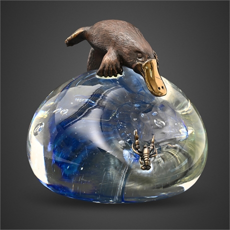 Andrew Kean 1995 Signed Art Glass Paperweight with Bronze Platypus & Crayfish