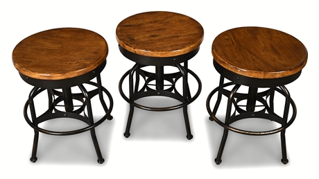 Set of 3 Industrial Swivel Stools – Adjustable Height, Steel & Wood