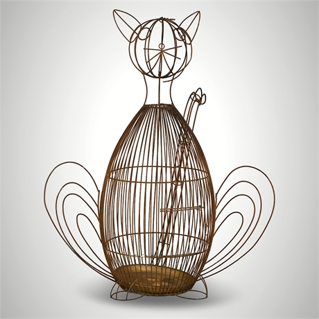Mid-Century Modern Wrought Iron Wire Cat-Form Decorative Birdcage